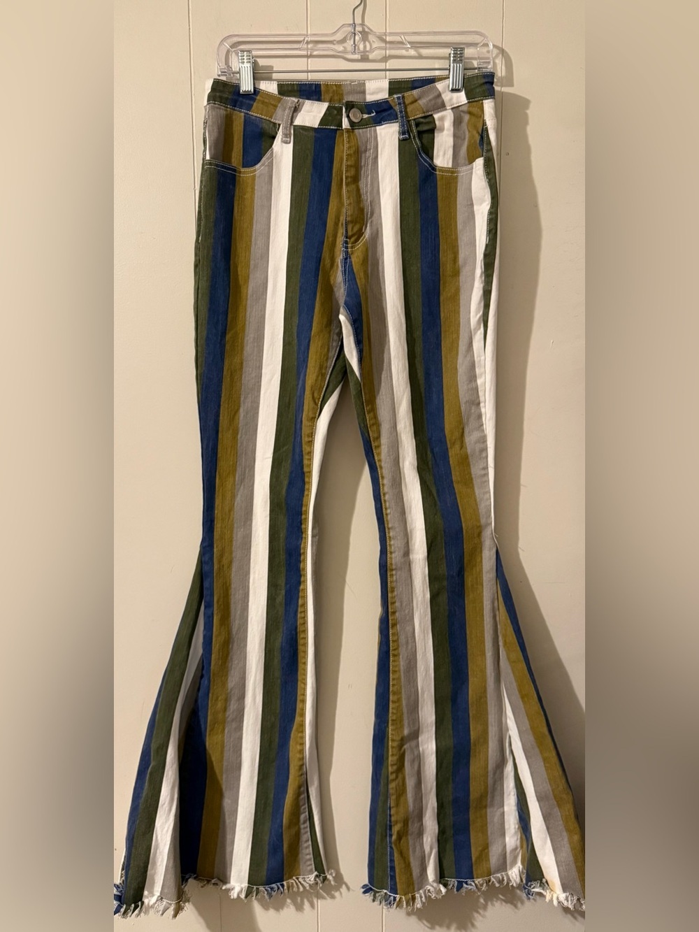 Saints & Hearts Striped Bell Bottom Jeans Boho Flare Raw Hem M